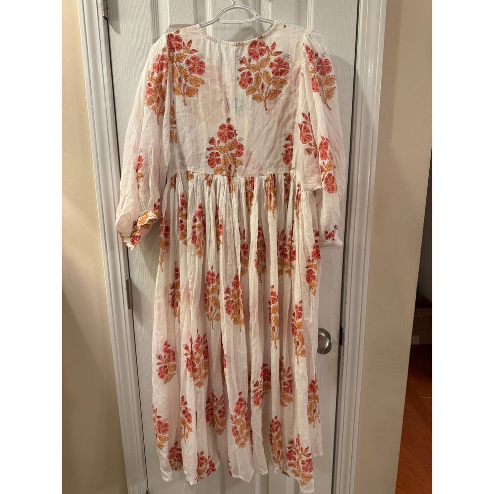 Dolma White Coral Floral Mylah Midi Dress Boho Cotton Hand Printed Sz L NWT - Picture 3 of 15